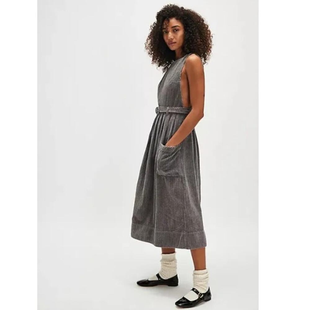 Sz 4 NWT Free People The Other Side Corduroy Midi Dress Gray Boho Cottage Belted